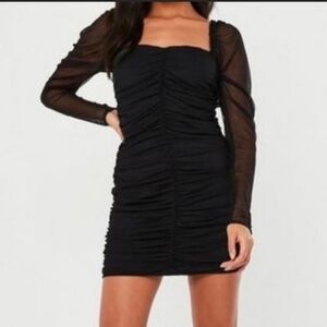 Missguided, Women's Black Ruched Mesh Sleeve Dress, Sz 14. New With Tags